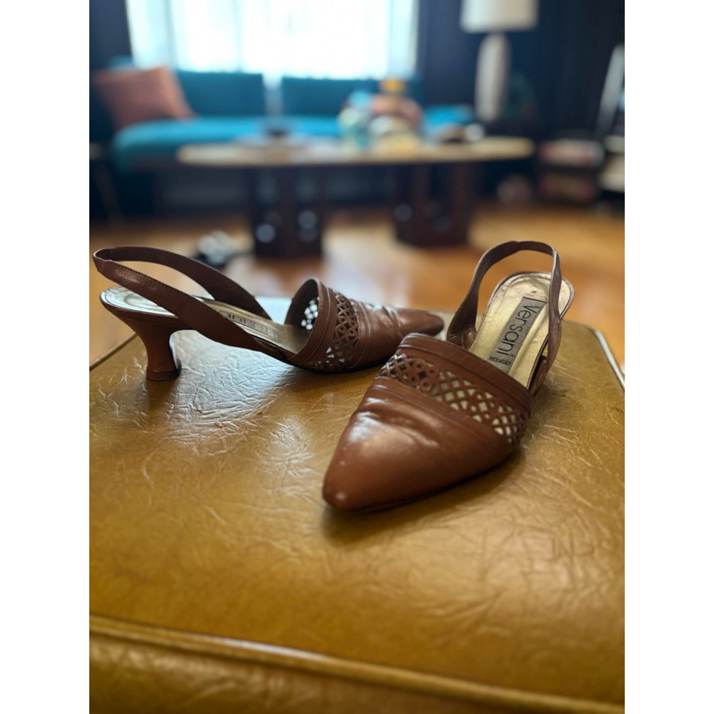 Vintage Versani Brown Leather Cutout Slingback Heels 7.5 - Picture 2 of 4